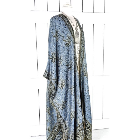 MAXI Grey blue paisley pashmina kimono cover up cardigan jacket - Picture 3 of 7